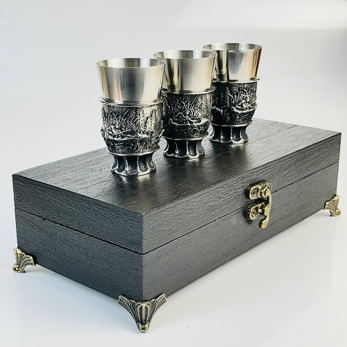 Чарки авторські "Полювання", 3 шт, біла бронза