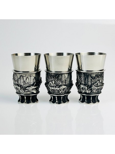 Чарки авторські "Полювання", 3 шт, біла бронза