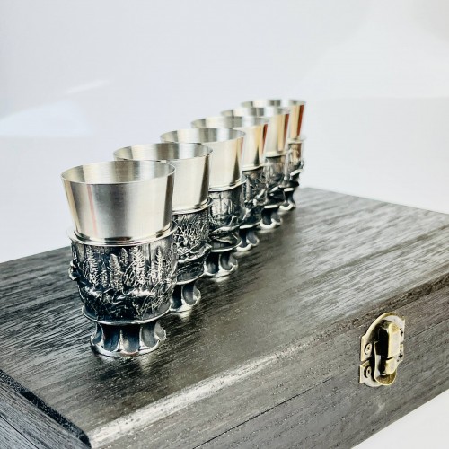 Чарки авторські "Полювання", 6 шт, біла бронза