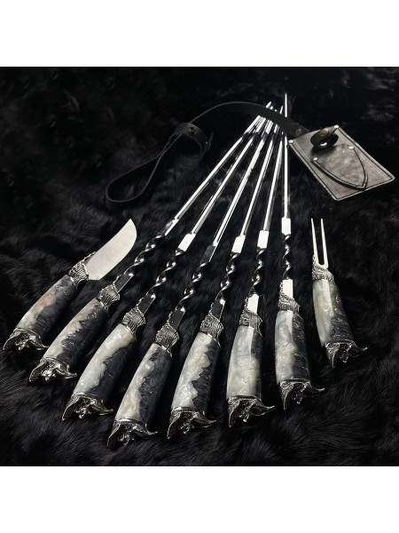 Шампура "Пірати" з ножем виделкою для зняття м'яса, набір у сагайдаку (гібрид)
